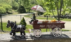 Vintage Cast Iron Horse Drawn Wagon Fresh Fruits and Vegetables Cart & Driver - Picture 1 of 15