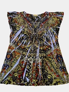 Camicetta babydoll One World donna media stampa scollo a V taglio uncinetto blu - Foto 1 di 4