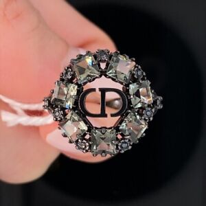 Christian Dior Black-Finish Metal & gray Crystals  Ring New $530