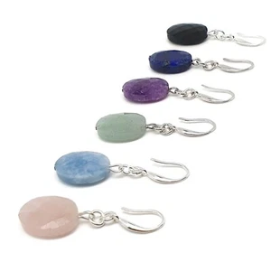 Earrings Oval Gemstone Natural Crystal Dangle Drop Chakra Sterling Silver Hooks - Picture 1 of 100