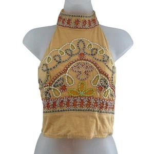 Free People Goa Embroidered Crop Top Yellow Size XS Tie Back Boho Halter Beaded - Picture 1 of 9