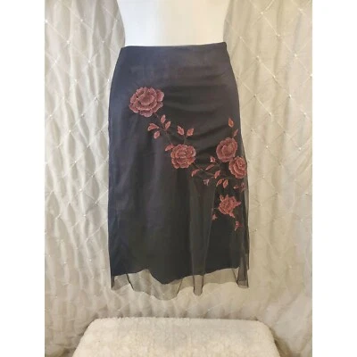 Falda lápiz hasta la rodilla Karen Kane Lifestyles, talla 14 floral en satén negro forrada Foto 1 de 4