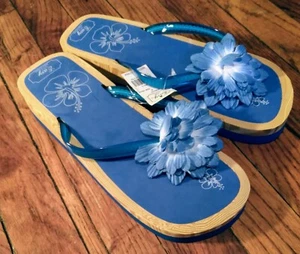 New Woman's Flower Top Flip Flop Slides Blue - Picture 1 of 3