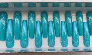 XL Turquoise Glitter Fade Square Coffin Press On Nails (20) - Picture 1 of 4
