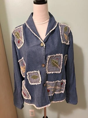Carrie Allen Medium Blue Denim Leaves Embroidered Blazer Button Patchwork Boho - Image 1 of 4