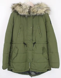 REPLAY Women Jacket M Green Lined Padded Hooded Faux Fur Zipped Snap Parka - Picture 1 of 12