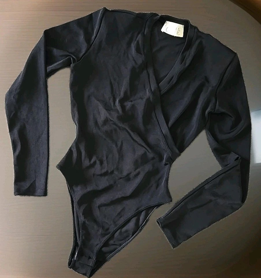 复古缓存黑色紧身衣 11 英寸腰 25 英寸长 Sm 肩垫 — 第 1/4 张图片