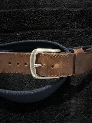 Cinturón de cuero marrón/tela azul marino Cabelas para hombre accesorios de níquel talla 43 Foto 1 de 3