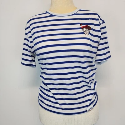 Camiseta Zara Wheres Waldo Talla S Azul Rayas Cuello Redondo Bordada Geek Informal Foto 1 de 4