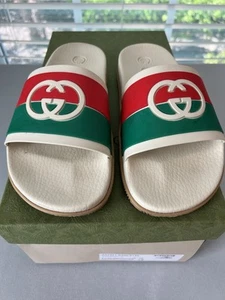 GUCCI Rubber GG Interlock Slides Womenss 39 US 9 Cream Green Red - Picture 1 of 9