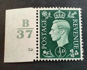 GB KGVI 1937-47 1/2d Green. SG462. Control B37 Cylinder Number 12 no dot. Mint. - Picture 1 of 2