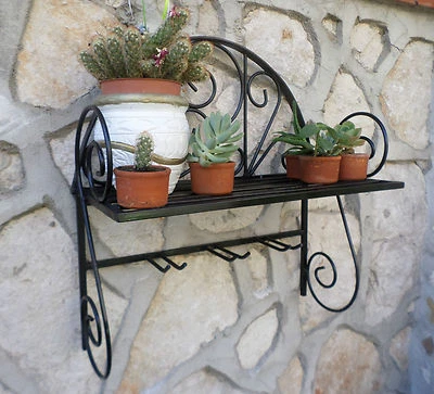 Mensola Rustica fioriera in ferro battuto parete rustica nera cucina giardino  - Immagine 1 di 2