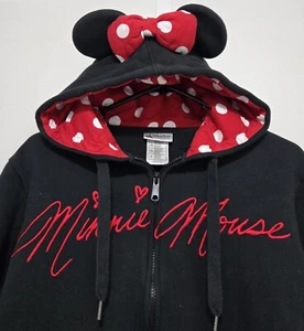 DISNEY Girls Minnie Mouse Hoodie Sweatshirt Ears Bow Black Zip Embroidered Sz XL - Picture 1 of 17