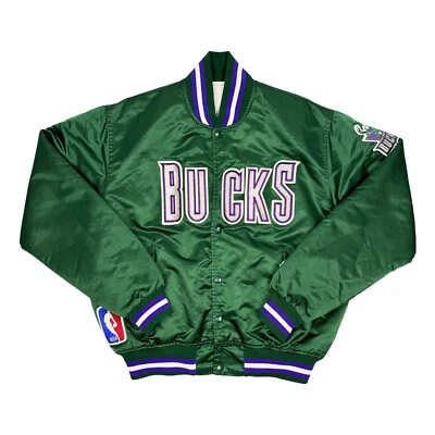 Винтажная очень редкая темно-зеленая стартовая атласная куртка-бомбер Milwaukee Bucks мужская большого размера - Изображение 1 из 4