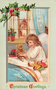 "Christmas Greetings Santa Claus", Young Girl W/Teddy Bear", Postcard - Picture 1 of 2