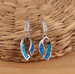 925 Sterling Silver Lab-Created Blue Opal CZ Dangle Drop Earrings Gift Boxed - Picture 1 of 7