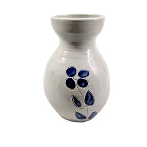 Vintage Salt Glazed Pottery Cobalt Blue Leaf Design Carafe Pitcher Vase 6.5" - Picture 1 of 17