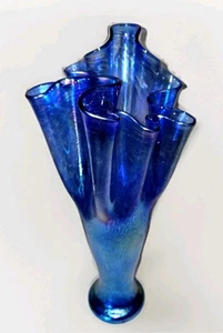 Mid Century Italian Large Blue Iridescent Lustre Glass Moulded Bouquet Vase 2 - Picture 1 of 6
