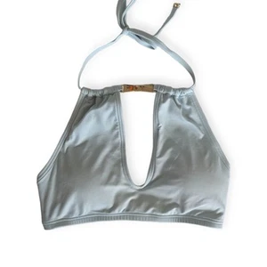 Top de bikini Kate Spade XS Crescent Bay cuello alto azul liso dorado lazo de metal - Imagen 1 de 7