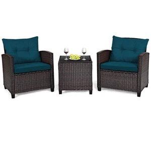 3PCS Patio Rattan Furniture Set Cushioned Conversation Set Sofa Blue - Picture 1 of 10