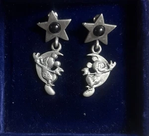 Disney Silver Post Earrings Mickey Mouse On Crescent Moon - Picture 1 of 4