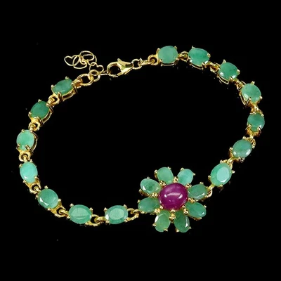 925 Sterling Silver Bracelet Oval Ruby 8x6mm Emerald Gemstone Jewelry 7.5inches - Image 1 of 4