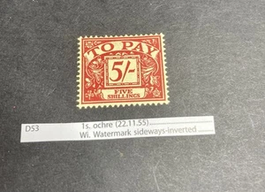 SG D53 Elizabeth II One Shilling POSTAGE DUE Stamp Oche ‘light M/Mint’ - Picture 1 of 2