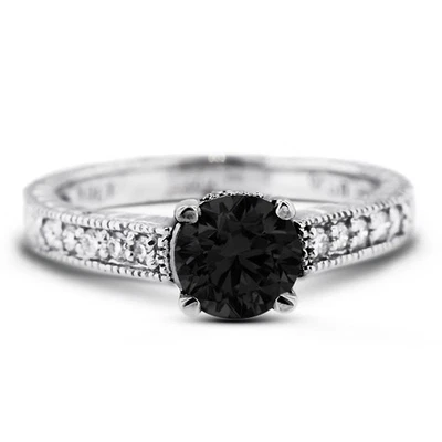 3.37ct Black Round Natural Certified Diamonds 14k  Vintage Style Engagement Ring - Image 1 of 4
