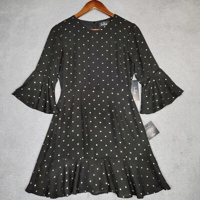 Lulus She's Dot It Going On 连衣裙女式小号黑色金色圆点褶皱全新带标签 — 第 1/4 张图片
