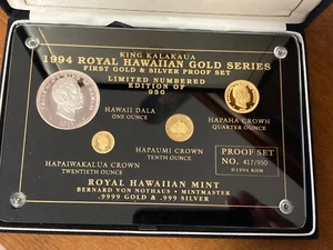 1994 ROYAL HAWAIIAN GOLD SERIES KING KALAKAUA 24 KT GOLD & PURE SILVER PROOF SET - Picture 1 of 16