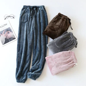 Women's Long Plush Pajama Pants Elastic Waist Warm Sleep Bottoms With Pockets - Picture 1 of 16