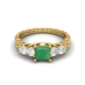 5MM Square Shape Emerald 10k Yellow Gold Five Stone Women Wedding Ring