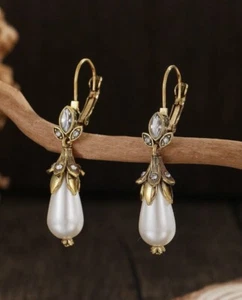 Anthropologie Flower Earrings Leaf Pearl CZ Crystal Gold Teardrop 14k Berry - Picture 1 of 8