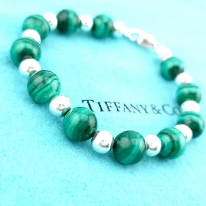 Brazalete Tiffany & Co. Plata de Ley 925 10 mm Bola de Malaquita Cuentas 8' Pulgadas - Imagen 1 de 11