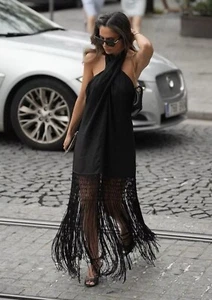 Zara Fringed 100% Linen Dress Black Size M 7496/908 New - Picture 1 of 7