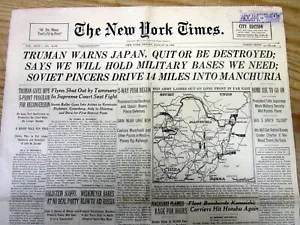 1945 NY Times WW II newspaper US DROPS ATOM BOMBS on JAPAN Hiroshima & Nagasaki - Picture 1 of 9