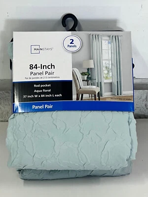 PAIR Mainstays Rod Pocket Curtains 37x84" Light Filtering Aqua Floral - Image 1 of 4