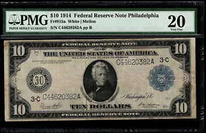 1914 $10 Federal Reserve Note Philadelphia Fr. #915a White/Mellon PMG20 VF (AJJ) - Picture 1 of 3