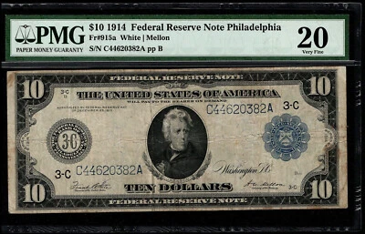 1914 $10 Federal Reserve Note Philadelphia Fr. #915a White/Mellon PMG20 VF (AJJ) - Image 1 of 3