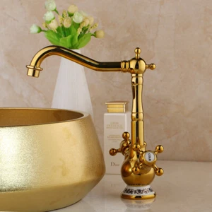 Grifo de fregadero dorado para baño/cocina 2 asas 1 orificio cubierta grifos mezcladores de montaje - Imagen 1 de 11