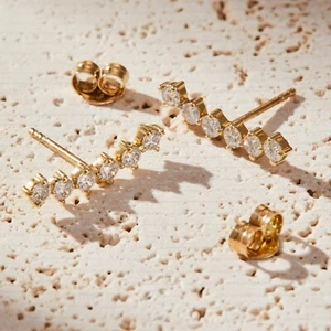 14k Gold Lab-Grown Diamond Stud Earrings Unique Diamond Ear Climbers - Picture 1 of 9