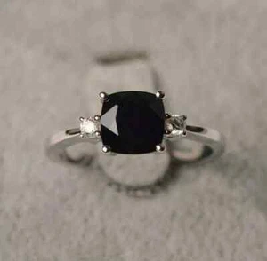 Wedding Ring 2Ct Cushion Cut Lab Created Black Diamond 14K White Gold Plated - Picture 1 of 4