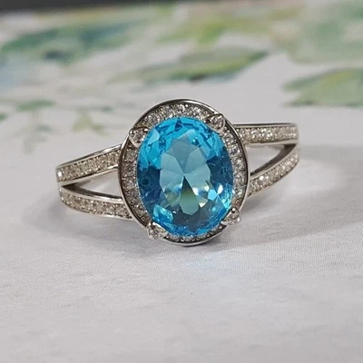 Blue & White Topaz Oval Halo Ring - Image 1 of 4