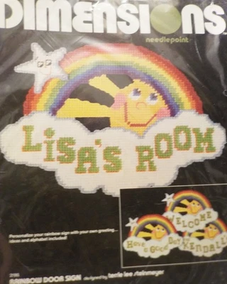 Vtg 1981 Dimension Needlepoint Plastic Canvas RAINBOW DOOR SIGN, Name Stitch Kit - Image 1 of 4