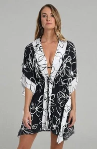 LA BLANCA Moonlit Kimono Swimsuit Cover Up Black White Floral Plus One Size NEW - Picture 1 of 5