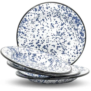Enamelware Round Flat Salad Plate, Navy Blue Marble/Black Rim, 8", Set of 4 - Picture 1 of 7