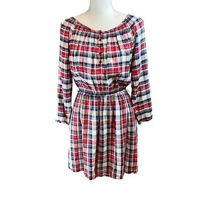 Vestido FOREVER 21 Rojo Blanco Azul Algodón a Cuadros Talla L Manga Larga Costero Preppy EE. UU. Foto 1 de 4