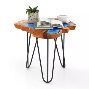 21" Teak Wood End Table Outdoor Epoxy Resin Side Table w/ Irregular Tabletop - Picture 1 of 10