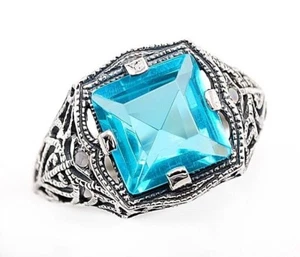 2CT Natural Aquamarine & Opal 925 Sterling Silver Filigree Ring Jewelry Sz 7 - Picture 1 of 4