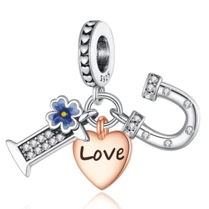 I Love U Letters shaped Triple Dangle 925 Sterling Silver Women Bracelet Charm - Picture 1 of 6